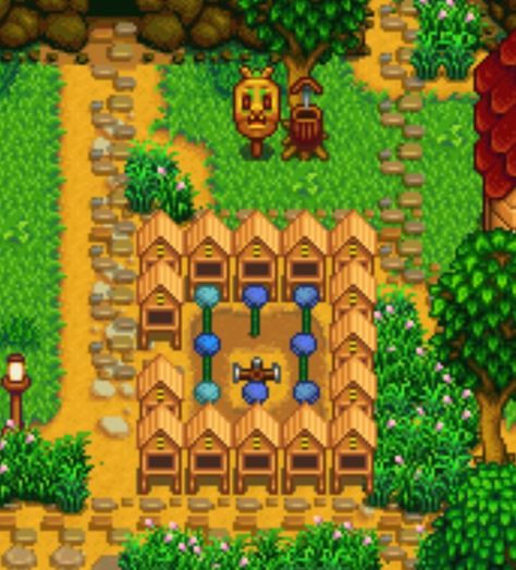 Bee Hive Stardew Valley, Stardew Valley Bee Hive Layout, Sdv Beehive Layout, Stardew Honey Farm, Honey Stardew Valley, Bee House Stardew, Beehive Stardew Valley, Stardew Valley Honey Farm, Stardew Honey Layout