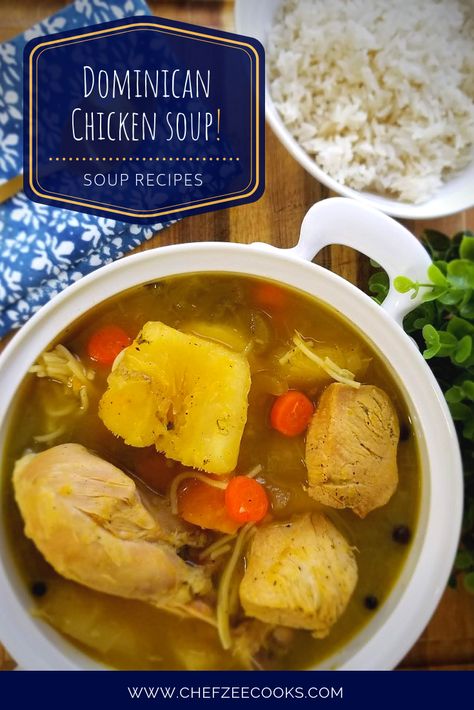 Dominican Chicken Soup is a special yet delicious Chicken Soup that is great year round! This Sopa de Pollo captures classic Latin flavors while still feeling and tasting like best of comfort foods. This recipe is easy to follow and will certainly leave you satisfied! #HomemadeChickenSoup #SopaDePollo #DominicanRecipes #ChefZeeCooks Dominican Chicken Soup Recipes, Spanish Chicken Soup Recipes, Latin Chicken Soup, Dominican Soup Recipes, Dominican Chicken Soup, Sancocho Dominicano Recipe, Dominican Soup, Chicken Sopas Recipe, Dominican Chicken