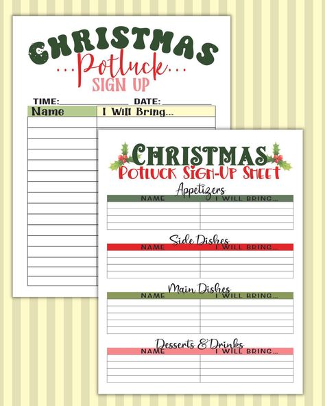 Instant download of a printable Christmas potluck sign up sheet to use for any potluck parties. Two different free printable Christmas potluck templates to choose from! Holiday Potluck Sign Up Sheet, Free Potluck Sign Up Sheet, Pot Luck Sign Up Sheet Free Printable, Potluck Sign Up Sheet Printable Free, Potluck List Template, Christmas Party Sign Up Sheet, Christmas Potluck Sign Up Sheet, Christmas Party Potluck, Potluck Sign Up Sheet