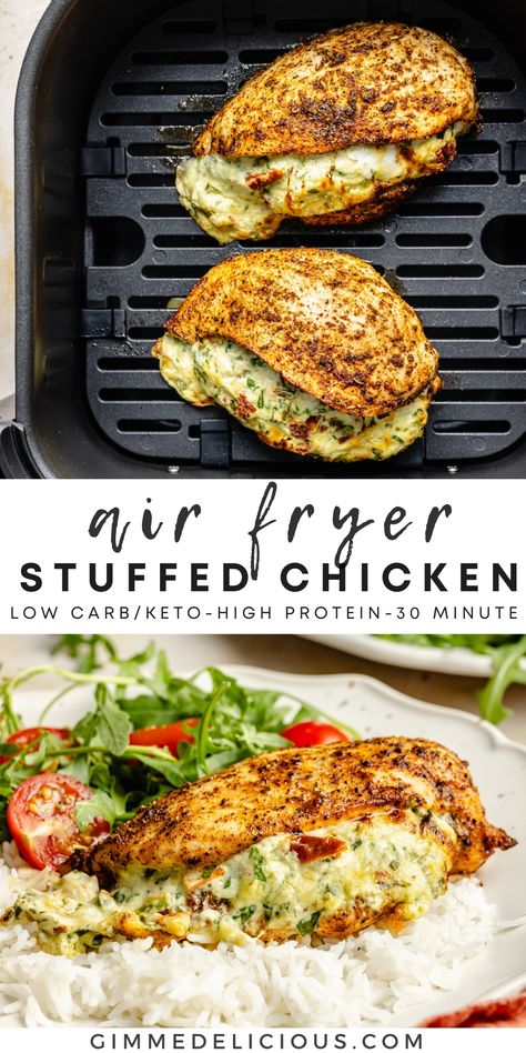 Air Fryer Stuffed Chicken Breasts Stuffed Chicken Recipes Air Fryer, Air Fried Stuffed Chicken Breast, Air Fry Stuffed Chicken Breast, Protein Meals Air Fryer, Keto Chicken Air Fryer Recipes, Low Carb Stuffed Chicken Breast, Air Fryer High Protein Meals, Airfryer Stuffed Chicken Breast, High Protein Low Carb Air Fryer Recipes