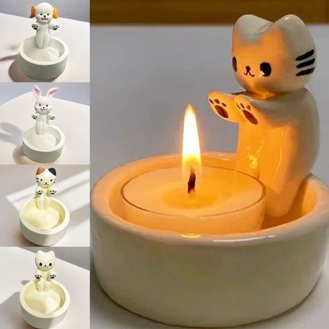 Candle Jewelry, Bunny Candle, Kitten Decor, Cozy Cottage Kitchen, Cat Bedroom, Cartoon Kitten, Animal Candles, Sculpture Art Clay, Bunny Design