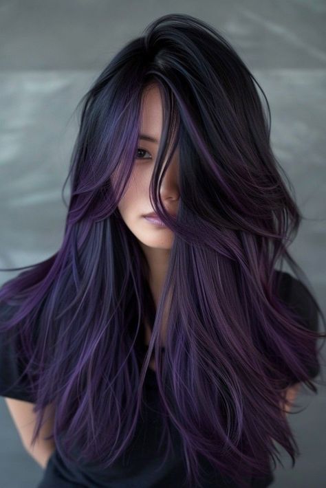 Purple Highlights Black Hair Korean, Black Hair With Hidden Color, Winter Hair Color Purple, Black With Dark Purple Highlights, Amethyst Purple Hair Color, Black And Purple Hair Dye Ideas, Long Hair Purple Highlights, Subtle Purple Hair Highlights, Purple Balyage Long Hair Brunettes