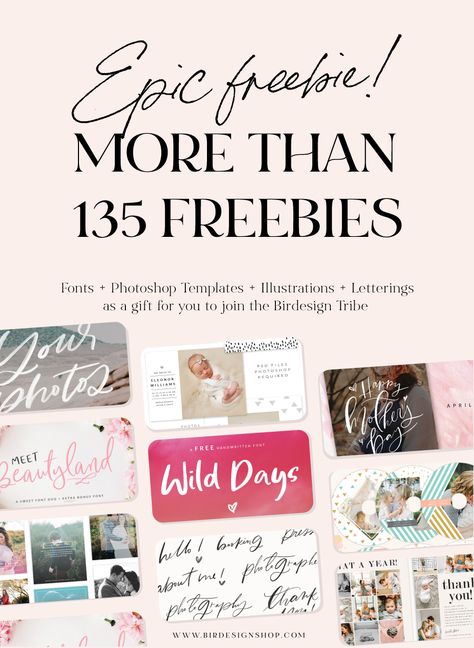 The Epic FREEBIE bundle – Birdesign Free Photography Templates, Photography Freebies, Photoshop Templates Free, Bubble Letter Fonts, Free Handwritten Fonts, Font Bubble, Instagram Font, Old English Font, Happy Photos