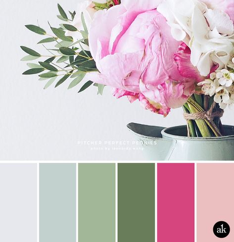 a peony-inspired color palette — Creative brands for creative people // Akula Kreative Bathroom Color Palette, Modern Brands, Rose Fushia, Color Schemes Colour Palettes, Living Room Color Schemes, Grey Color Palette, Color Palette Pink, Grey Color Scheme, Green Colour Palette