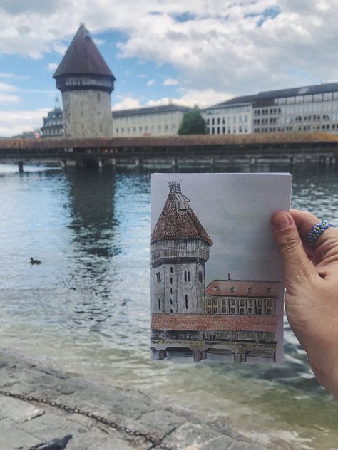 #drawing #sketch #aquarell #lucern #switzerland Switzerland Drawing, Lucern Switzerland, Lauterbrunnen Switzerland, Switzerland Cities, City Sketch, Abroad Travel, Drawings Ideas, Travel Drawing, Art N Craft