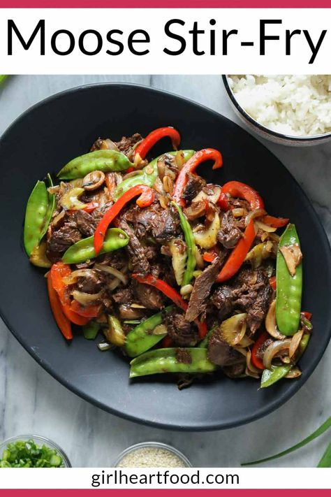 With plenty of crunchy veggies, flavourful moose meat and a simple stir-fry sauce, this moose stir-fry recipe is easy, colourful and so delicious! #mooserecipe #moosemeat #stirfry Moose Stew Meat Recipes, Moose Heart Recipes, Wild Meat Recipes, Moose Recipes Meat, Moose Steak Recipes, Ground Moose Meat Recipes, Moose Stew Recipe, Moose Steak, Indigenous Recipes