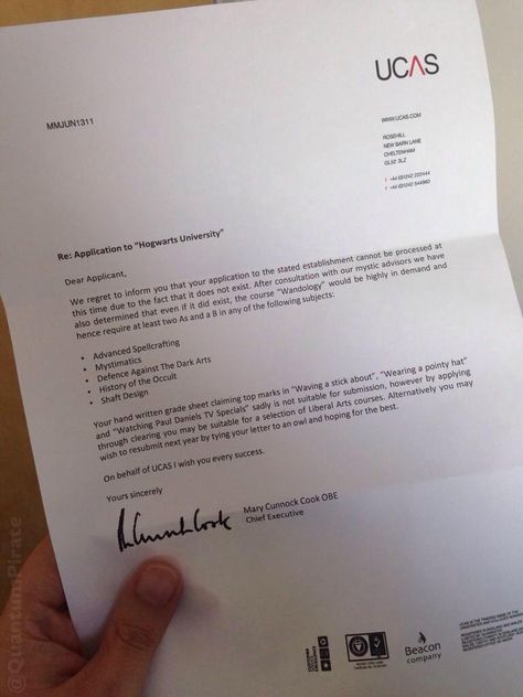 Well done UCAS. Brilliant public service with a sense of humour! Funny Rejection, Hogwarts University, College Acceptance Letter, Hogwarts Acceptance Letter, College Acceptance, Hogwarts Letter, Acceptance Letter, Application Letters, Nerd Humor