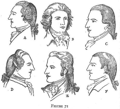 The natural hair, dressed up in the back in a queue, was often left unpowdered. In fact, powder for everyday wear was usually omitted as early as 1760, and went out of fashion in the nineties. 1700s Hairstyles, 1700s Hair, 18th Century Hairstyles, 18th Century Hair, 18th Century Wigs, 18th Century Mens Fashion, Pirate Stuff, Historical Hairstyles, Historical Hats