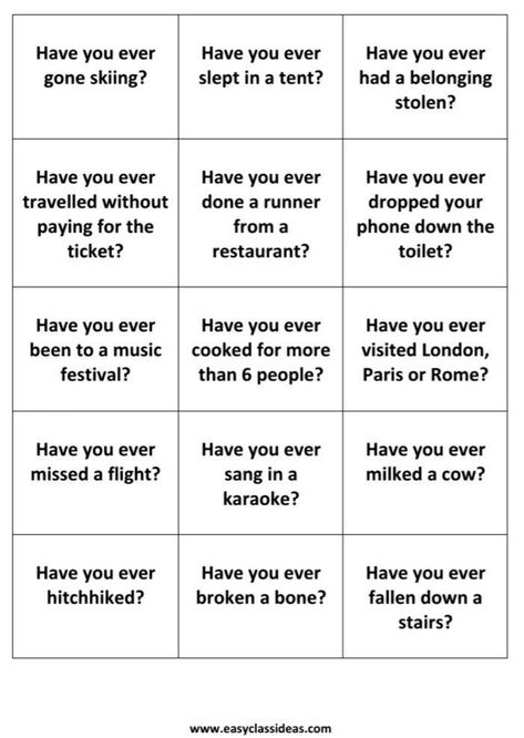 Have You Ever Questions Have You Ever Game Questions, Have You Ever Bingo, English Past Tense, Morning Questions, Assisted Living Activities, Activities For Teachers, Bingo Books, Custom Bingo Cards, Have You Ever Questions