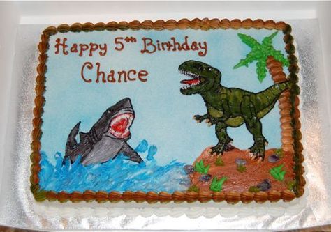 Shark/Dinosaur Birthday Cake                              … Dinosaur And Shark Birthday Party, Shark Dinosaur Cake, Shark And Dinosaur Cake, Ocean Shark Birthday Cake, Realistic Shark Cake, Dinosaur Eating Cake, Megalodon Monster Truck Birthday Cake, Dino Birthday Cake, T Rex Cake