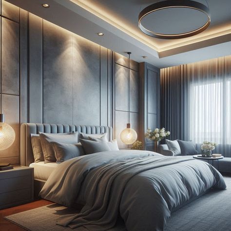 Grey and Blue Bedroom Grey And Blue Bedroom Ideas, Grey And Blue Bedroom, Grey Blue Bedroom, Curtains Minimalist, Soft Blue Walls, Blue Gray Bedroom, Blue Bedroom Ideas, Textured Wall Panels, Grey Bed Frame