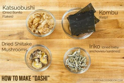 Dashi ingredients for 3 Ways To Make Dashi - Learn how to make Japanese dashi stock at home with 3 simple methods today! #dashi #japanesefood #asianrecipes #soupbrothrecipes #howtomakesoupbroth #dashibroth #だし | Easy Japanese Recipes at JustOneCookbook.com Dashi Recipe, Easy Bento, Just One Cookbook, Stock Recipes, Bento Ideas, Japanese Soup, Easy Japanese Recipes, Japanese Recipes, Asian Soup