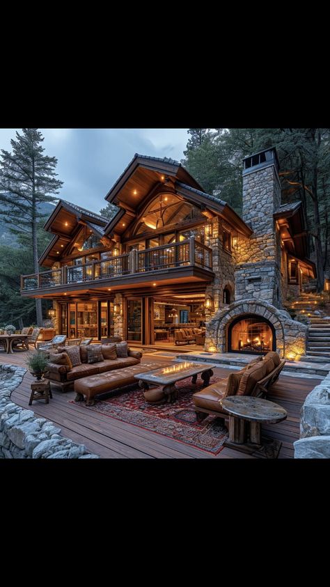 Large House In The Woods, Woody House, Cabin Mansion Exterior, Big Log Cabin Houses, Cabin With Big Porch, Log Cabin Mansions, Wood Cabin Mansion, Cabin Mansion, Mountain Dream Homes