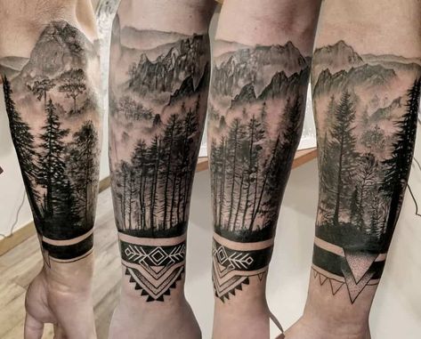 Mountain Sleeve Tattoo, Forest Tattoo Sleeve, Forest Forearm Tattoo, Natur Tattoo Arm, Tree Silhouette Tattoo, Tree Sleeve Tattoo, Tato Maori, Tree Tattoo Arm, Silhouette Tattoo