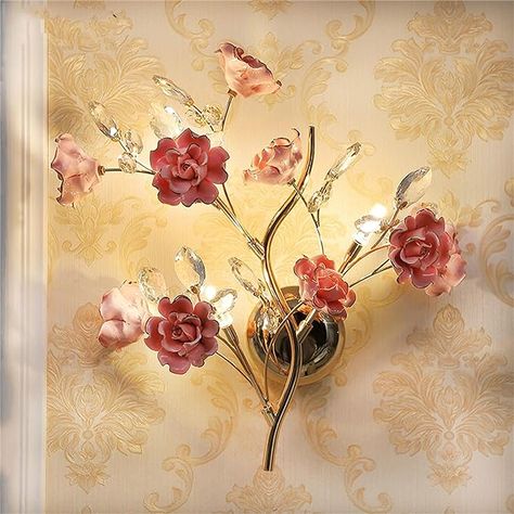 Ceramics Rose Wall Lamp, European Modern Living Room Staircase Corridor Creative Bedroom Crystal Flower Wall Sconce,Pink,3 Light - Amazon.com Creative Bedroom, Cord Cover, Rose Wall, Ceramic Light, Bedside Lighting, Crystal Wall, European Design, European Designs, Crystal Flower