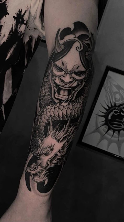 Japanese Forearm Tattoo, Dragon Tattoo Arm, Hand Tattoo Designs, Japanese Tattoos For Men, Oni Tattoo, Emo Tattoos, Around Arm Tattoo, Dragon Sleeve, Inner Forearm Tattoo