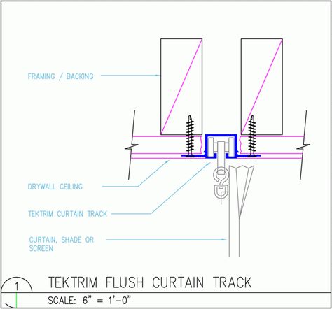 http://www.tektrim.com/images/sized/images/uploads/track_sys_curtain_detail_l-600x560.gif Concealed Curtain Track, Recessed Curtain Track Detail, Architecture Learning, Ripple Fold Drapes, Curtain Detail, Ceiling Curtain Track, Theatre Curtains, Drywall Ceiling, Curtain Installation