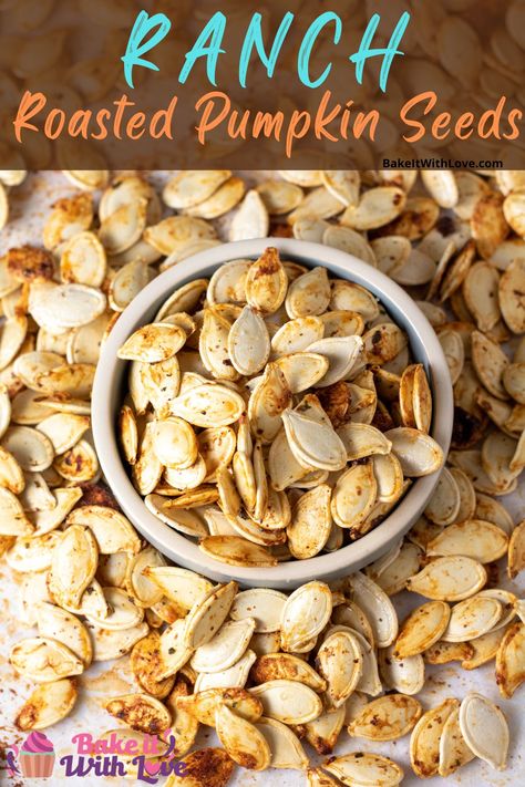 Ranch roasted pumpkin seeds are a delicious, tangy, and buttery fall snack great for satisfying your savory cravings! Raw pumpkin seeds are combined with olive oil, a Hidden Valley Dip mix packet, paprika, and salt. Make these salty and savory seeds with ranch flavoring and your family will have a new fall-favorite snack! BakeItWithLove.com #bakeitwithlove #pumpkinseeds #ranch #roasted #snack #pumpkin #seeds Savory Pumpkin Seeds, Flavored Pumpkin Seeds, Pumpkin Seed Recipes Roasted, Pumpkin Seeds Baked, Pumpkin Seeds Recipe, Pumpkin Flan, Savory Pumpkin Recipes, Pumpkin Seed Recipes, Leftover Pumpkin