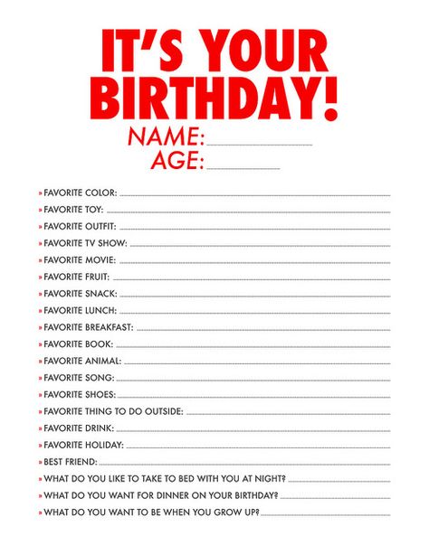 Free Printable: Birthday Questions for Kids • Little Gold Pixel • Download our free birthday questions form and watch as your child's answers change over the years. It would be really fun to compare age 3 with age 18. Birthday Interview Printable, Birthday Questions, Scrapbook Birthday, Birthday Interview, Questions For Kids, 13 Birthday, Birthday Presents For Girls, Child Free, Birthday Traditions