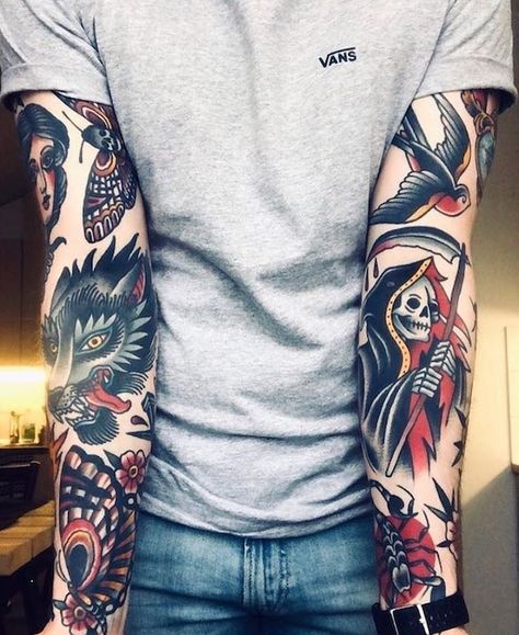 Traditional Tattoo Arm, Old School Tattoo Sleeve, American Traditional Sleeve, Traditional Tattoo Man, Traditional Tattoo Woman, Tattoo Sleeve Filler, 10 Tattoo, Traditional Tattoo Inspiration, Traditional Style Tattoo