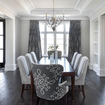 Gray Dining Room with Gray medallion Curtains Dining Room Drapes, Wingback Dining Chair, Transitional Dining Room, Grey Dining Room, Beautiful Dining Rooms, Luxury Dining Room, Elegant Dining Room, Luxury Dining, Velvet Dining Chairs