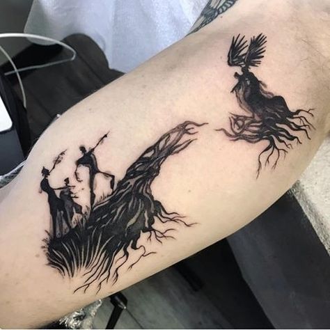 Severus Snape Tattoo, Slytherin Tattoo, Owl Feather Tattoos, Harry Potter Tattoo Sleeve, Brothers Tattoo, The Three Brothers, Mangas Tattoo, Left Arm Tattoos, Hp Tattoo