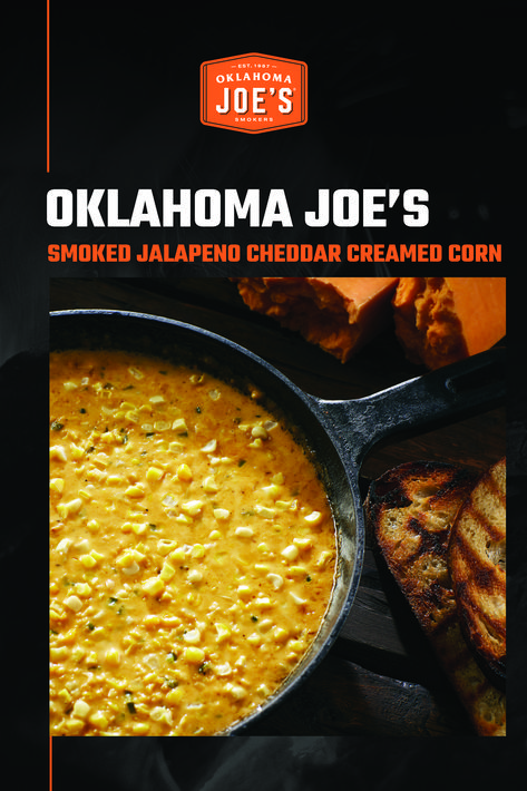 This Smoked Jalapeno Cheddar Creamed Corn is not your Grandma’s creamed corn, but it just might be a new family favorite. It’s a rich, comforting side dish that’s a great addition to your dinner menu. Up your side dish game with this sweet, smoky creamed corn, infused with diced jalapeno and tangy Cheddar cheese. | Oklahoma Joe's Smoked Jalapeno Cream Corn, Oklahoma Joes Smoker Recipes, Smoked Corn Recipes, Smoked Cream Corn, Smoked Cream Corn Recipe, Smoked Creamed Corn, Creamed Veggies, Smoker Sides, Smoked Side Dishes