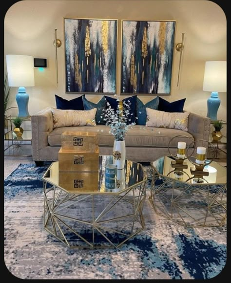 Blue And Gold Living Room, Room Decor Ideas Aesthetic, Room Decor Bedroom Aesthetic, Aesthetics Room Decor, Decor Bedroom Aesthetic, Silver Living Room, Girl Apartment Decor, Gold Living Room Decor, Lights Room