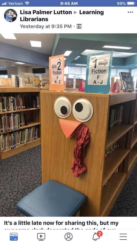 School Library Bulletin Boards For Fall, Library Middle School Ideas, Thanksgiving Library Display Ideas, Thanksgiving Decorations For School Library, Turkey Library Display, Thanksgiving Bulletin Boards For Library, November Displays Library, Library Thanksgiving Displays, Back To School Library Displays Ideas