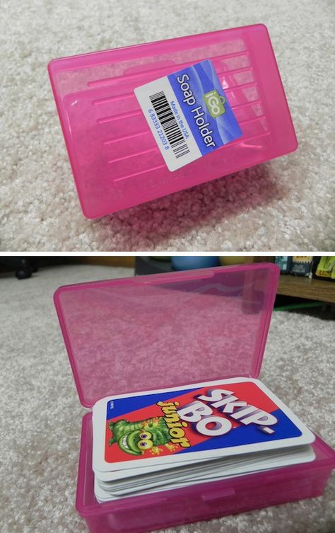 The box to card games always gets torn, crushed, worn out, or lost. Try this idea! Some decks might not fit if there are a lot of cards. Organize Cards, Cheap Storage, Organizing Hacks, Organisation Hacks, Soap Boxes, Organization Kids, Toy Rooms, Toy Organization, Soap Holder