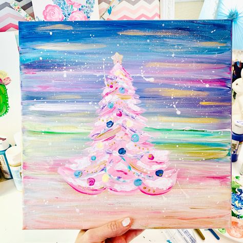 Pink Christmas Tree Painting, Christmas Painting Ideas Easy, Pink Christmas Diy, Whimsical Christmas Art, Diy Christmas Canvas, Cute Easy Paintings, Peace Christmas, Xmas Art, Christmas Paintings On Canvas