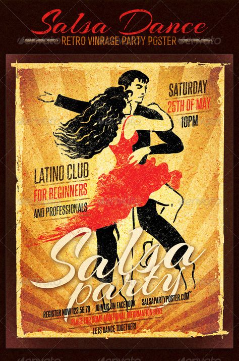 Salsa Dance Club Retro Vintage Party Poster #GraphicRiver Salsa Dance Club Retro Vintage Party Poster is energetic and cool poster. Old-fashioned class handmade dancers illustration will highlight your ourstanding dancing event. Package includes • Well grouped print ready PSD file • 2625px x 3375px • 8.5”x11” (with .25” bleeds) • CMYK color model • 300 dpi Used font: Fonts are not included to final package, you can find them here: Arizonia .fontsquirrel /fonts/arizonia Steelfish .fontsquirrel /f Salsa Party, Flyer Inspiration, Dance Aesthetic, Salsa Music, Salsa Dance, Dance Event, Dance Poster, Salsa Dancing, Dance Club