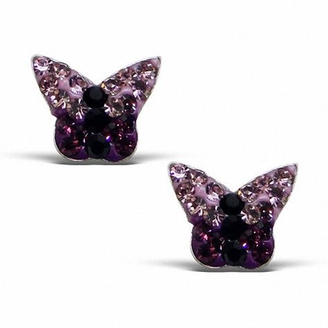 These child's purple and black crystal butterfly stud earrings are set in sterling silver and secure with friction backs.