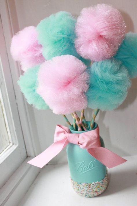 Cotton Candy Party Collection! Pretty Pink And Blue Make This Set CD9 Cotton Candy Party, Tulle Poms, Baby Reveal Party, Trendy Baby Shower Ideas, Mermaid Parties, בר מצווה, Frozen Birthday Party, Pink Cotton Candy, 1st Birthdays