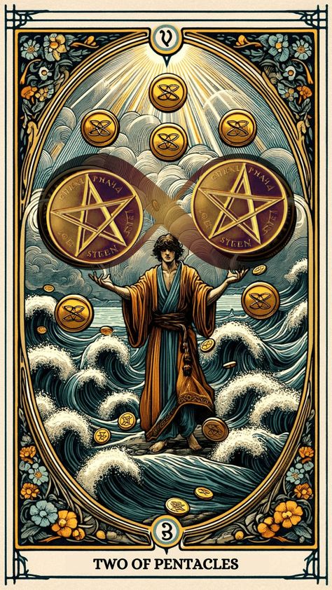 Explore Two of Pentacles Tarot Card Meaning: Balance, adaptability, and managing life's twists and turns! ⚖️🌟https://centerspirited.com/tarot/two-of-pentacles-card-meaning/ Two Of Pentacles Tarot Meaning, Meaning Of Life Art, Two Of Pentacles Tarot, Life Tarot Card, 2 Of Pentacles, Two Of Pentacles, Tarot Tattoo, Pentacles Tarot, Tarot Significado