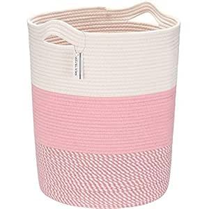 Sea Team Large Size Cotton Rope Woven Storage Basket with Handles, Laundry Hamper, Fabric Bucket, Drum, Clothes Toys Organizer for Kid's Room, 20 x 14 inches, Round Open Design, White & Mottled Pink Toys Organizer, Fabric Bucket, Clothes Toys, Basket With Handles, Woven Baskets Storage, Rope Weave, Toy Organization, Laundry Hamper, Open Design