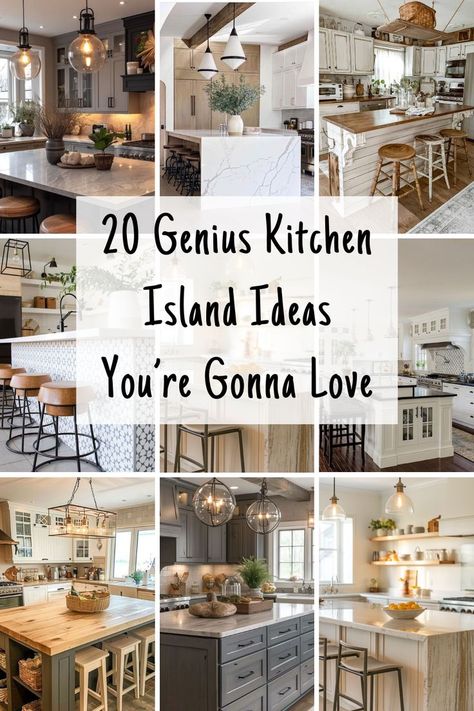 From waterfall countertops to rustic designs, these 20 kitchen island ideas will inspire your next kitchen upgrade. Kitchen Countertop Extension Ideas, Mini Kitchen Island Ideas, Different Island Than Cabinets, Farmhouse Chic Kitchen Island, Island Decorations For Kitchen, How To Style Kitchen Island With Sink, Rustic Kitchen Island With Sink, Different Countertop On Island, Smaller Kitchen Ideas