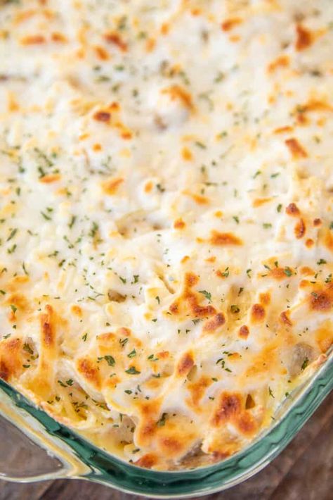 Baked Cream Cheese Chicken Alfredo - the BEST Chicken Alfredo EVER. Everyone goes crazy over this dish. Spaghetti, chicken, Alfredo sauce, cream cheese, garlic, parmesan, and mozzarella cheese. You can make this ahead of time and refrigerate or freeze until ready to bake. Great for a crowd. Seriously better than any restaurant. #spaghetti #chicken #alfredo Chicken Alfredo Bake For A Crowd, Chicken Spaghetti With Alfredo Sauce, Chicken Alfredo For A Crowd, Cream Cheese Chicken Alfredo, Alfredo For A Crowd, Alfredo Sauce Cream Cheese, Alfredo Spaghetti Bake, Baked Cream Cheese Chicken, Alfredo With Cream Cheese