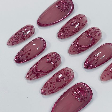 Simple And Cute Nails, Pink Nail Art Ideas, Nails For Birthday, Nails Edgy, Dark Pink Nails, Medium Almond, Edgy Nails, Nail Art Set, Pretty Gel Nails