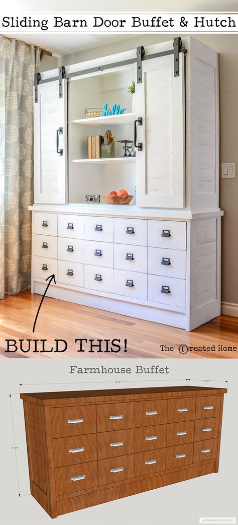 How to build a DIY farmhouse sliding barn door buffet Buffet And Hutch, Farmhouse Buffet, Murphy Bed Plans, Diy Barn Door, Diy Farmhouse, Interior Barn Doors, Barn Doors Sliding, Sliding Barn Door, Barn Door Hardware