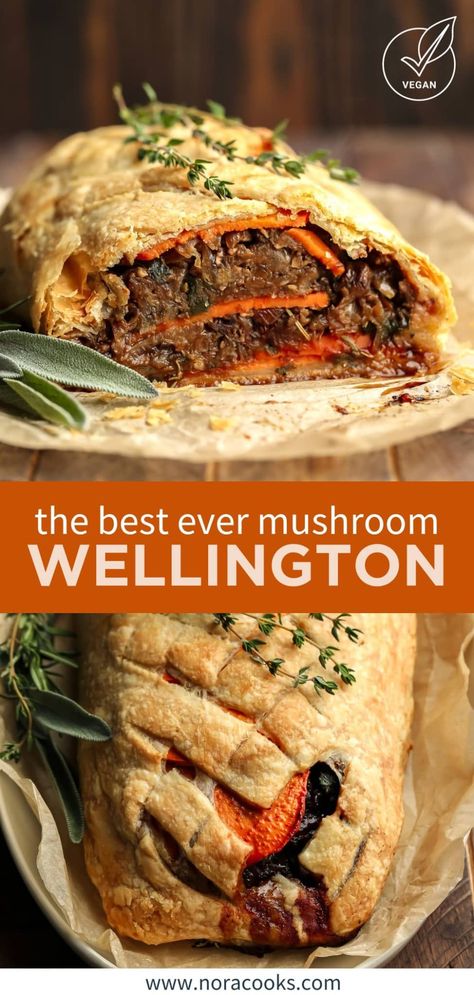 Vegan Mushroom Wellington, Sliced Sweet Potatoes, Crowd Pleasers Recipes, Mushroom Wellington, Vegan Christmas Dinner, Potato Filling, Mushroom Christmas, Vegan Holiday Recipes, Vegan Christmas Recipes