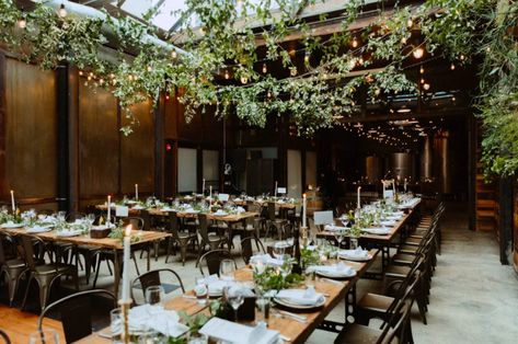 Rosehip Social Florist. Photo by Jason Lee. Brooklyn Winery. Brooklyn Winery Wedding, Ceiling Greenery, Greenery Ceiling, Greenery Installation, Hanging Greenery, Brooklyn Winery, Industrial Wedding Venues, Jason Lee, Brewery Wedding