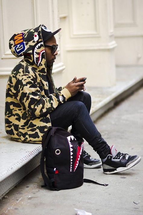 Streetwear - Jordans Cement 3s, Bape Outfits, Shark Backpack, Mode Hip Hop, Hypebeast Fashion, Bape Hoodie, Black Cement, Urban Street Style, Dope Fashion