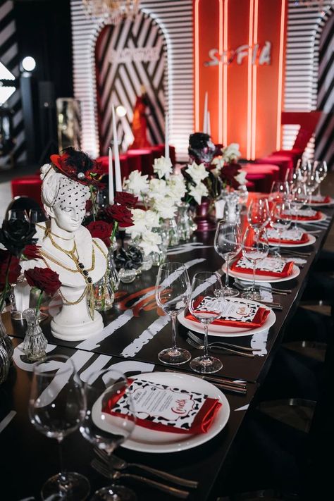 101 Dalmations Table Decorations, Cruella Deville Party Ideas, Cruella Party Decorations, Cruella Party Ideas, Cruella Theme Party, Cruella Birthday Party Ideas, Cruella Deville Party Decorations, Cruella Quinceanera, Cruella Deville Party