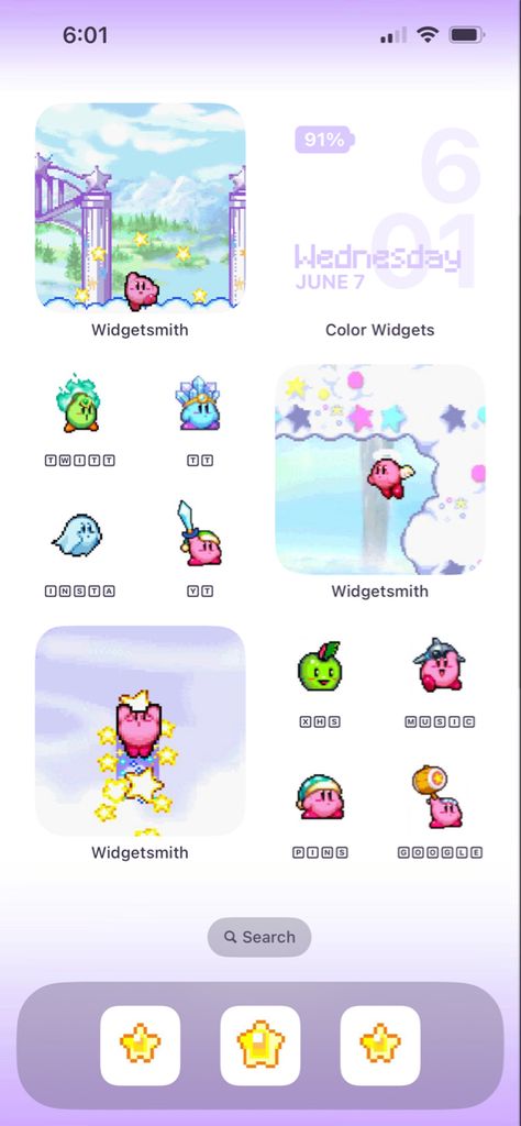 kirby theme 1/2 (theme by; ^_−☆) Kirby Homescreen Layout, Kirby Homescreen, Pixel Kirby, Homescreen Wallpaper Iphone, Lockscreen Ios, Mobile App Icon, Home Lock Screen, Phone Layouts, Ios Layout