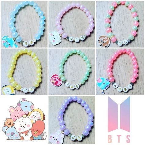 Bt21 Bracelet, Bts Bracelet, Pop Jewelry, Pony Bead Bracelets, Bts Tattoos, Ankle Bracelets Diy, Diy Crafts Bookmarks, Pink Crafts, Kpop Diy