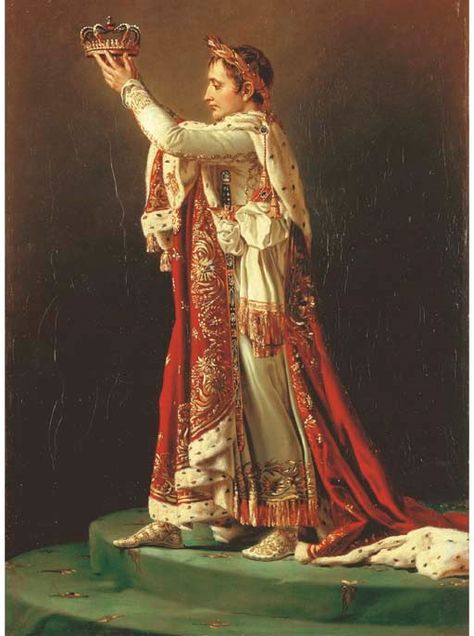 Studio of Jacques-Louis David (1748-1825)   Portrait of the Emperor Napoleon I, standing full-length in Imperial Regalia holding a crown Jacque Louis David, Napoleon Painting, Emperor Napoleon, First French Empire, Coronation Robes, Jacques Louis David, French Empire, French Revolution, Oil Portrait