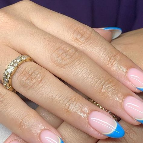 Blue Yellow French Nails, Blue And Yellow French Tip Nails, Double Lined French Tip, Teal And Yellow Nails, Summer Nails French Tips, Two Color French Tip Nails, Yellow And Blue Nails, Blue And Yellow Nails, Volleyball Nails