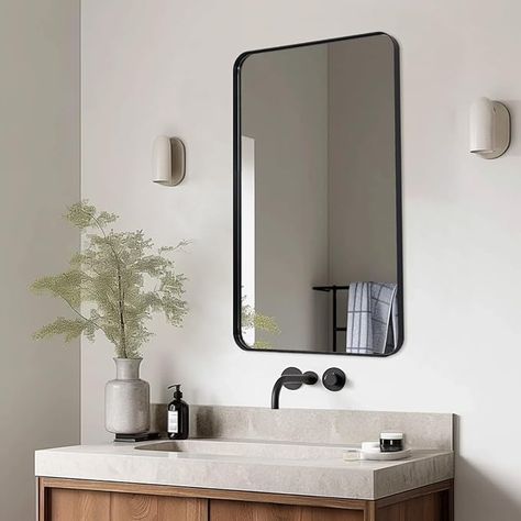 Amazon.com: ANDY STAR Black Bathroom Mirror, 24”x40” Rounded Corner Rectangle Mirror, Modern Metal Frame Bathroom Vanity Mirror(Matte Black Finish) : Home & Kitchen Rounded Rectangle Mirror, Mirror For Bathroom Vanity, Black Bathroom Mirror, Mirror Rectangle, Contemporary Bathroom Mirrors, Rectangular Bathroom Mirror, Black Vanity Bathroom, Bathroom Vanity Wall, Mirrors Bathroom