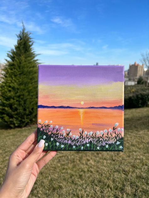 Sunset Small Canvas, Peaceful Canvas Painting Ideas, Evening Painting Easy, Happy Acrylic Painting, Sunset Painting Beginner, Sunset Painting Acrylic Step By Step, Sunset With Flowers Painting, Sunset Painting Aesthetic, Small Sunset Painting